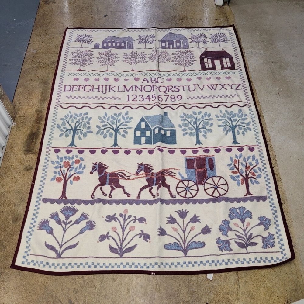 San Marcos Blanket Fleece Country Sampler Amish Horse Buggy Tapestry 77.5x56.5 *